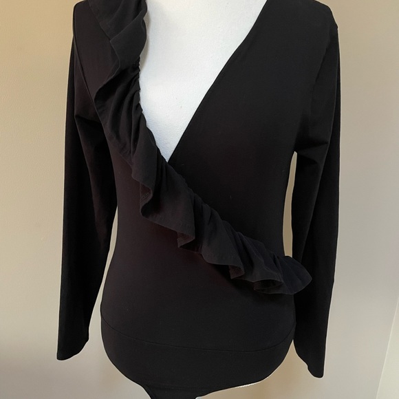 J. Crew Ruffle Front Wrap Black Long Sleeve Bodysuit, Size Medium - Picture 5 of 10